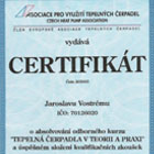 Certifikát o absolvování odborného kurzu Tepelná čerpadla v teorii a praxi a úspěšném složení kvalifikačních zkoušek